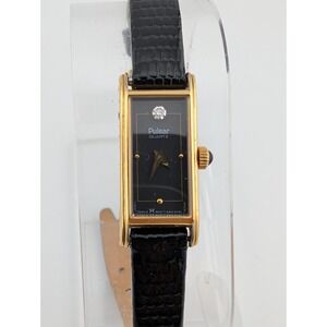 Pulsar V220-5180 Women's Watch 12mm Black Dial Gold Tone Leather- New Batterry
